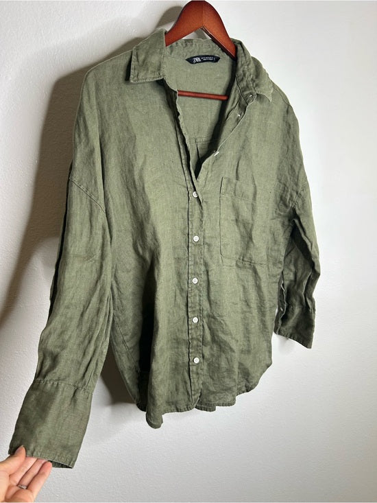 Zara 100% Linen Drop Shoulder Button Down Long Sleeve Army Green Button Down Top