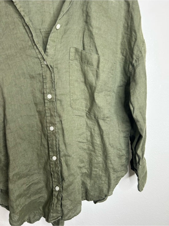 Zara 100% Linen Drop Shoulder Button Down Long Sleeve Army Green Button Down Top
