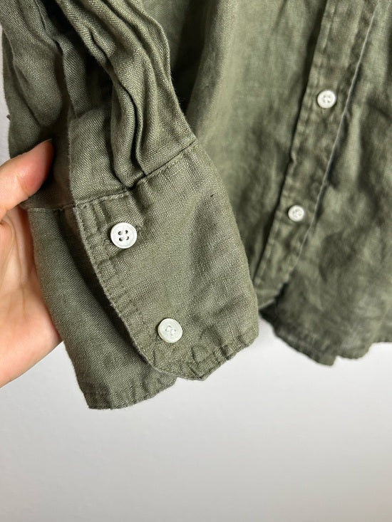 Zara 100% Linen Drop Shoulder Button Down Long Sleeve Army Green Button Down Top