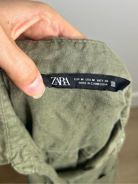 Zara 100% Linen Drop Shoulder Button Down Long Sleeve Army Green Button Down Top