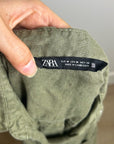 Zara 100% Linen Drop Shoulder Button Down Long Sleeve Army Green Button Down Top