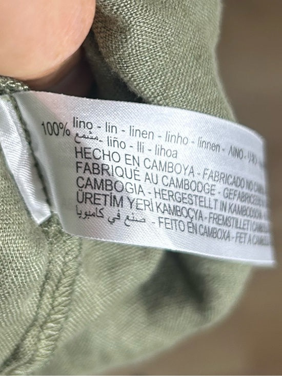 Zara 100% Linen Drop Shoulder Button Down Long Sleeve Army Green Button Down Top