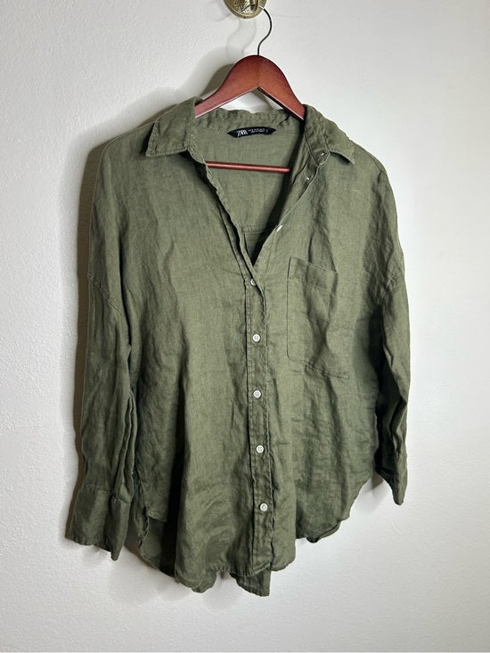 Zara 100% Linen Drop Shoulder Button Down Long Sleeve Army Green Button Down Top