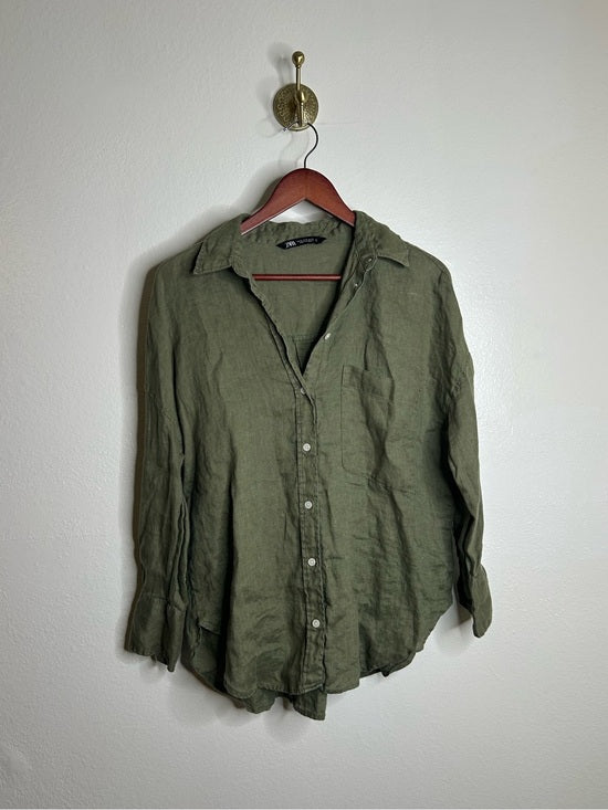 Zara 100% Linen Drop Shoulder Button Down Long Sleeve Army Green Button Down Top