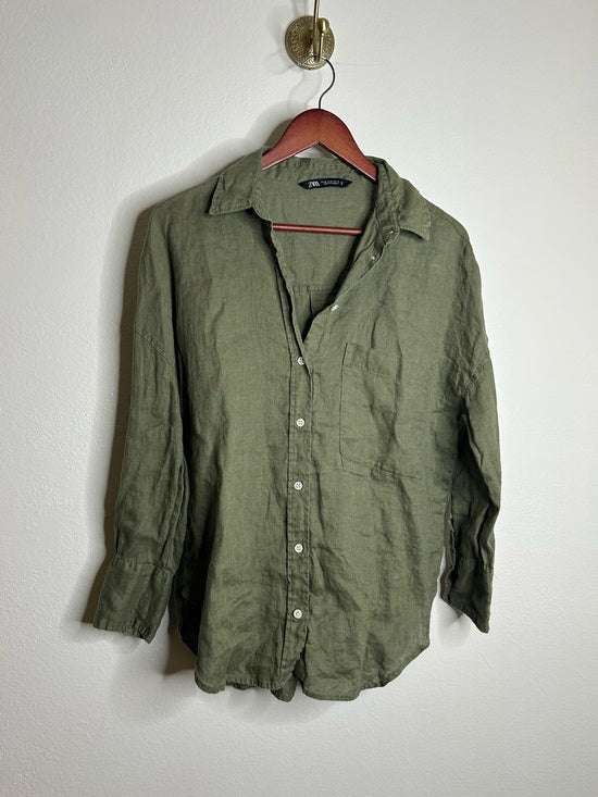 Zara 100% Linen Drop Shoulder Button Down Long Sleeve Army Green Button Down Top