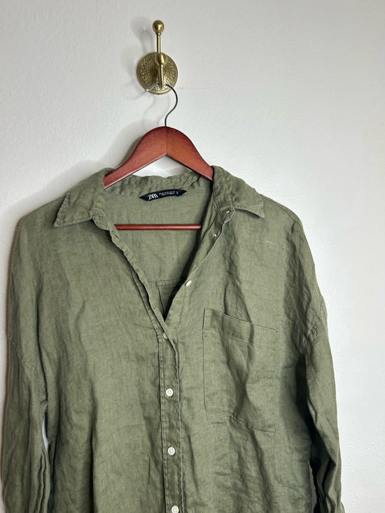 Zara 100% Linen Drop Shoulder Button Down Long Sleeve Army Green Button Down Top