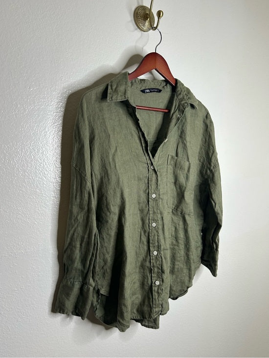 Zara 100% Linen Drop Shoulder Button Down Long Sleeve Army Green Button Down Top