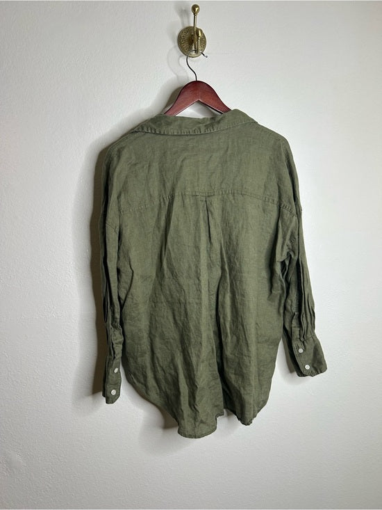Zara 100% Linen Drop Shoulder Button Down Long Sleeve Army Green Button Down Top