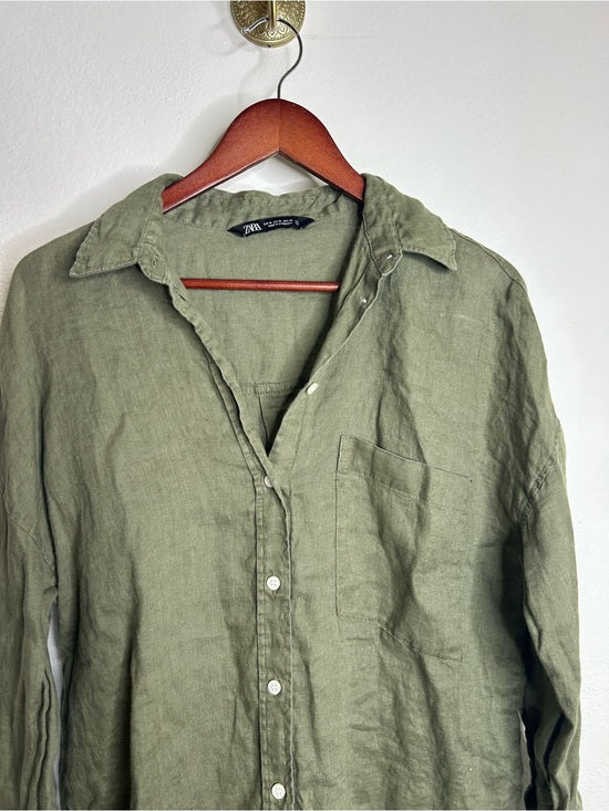 Zara 100% Linen Drop Shoulder Button Down Long Sleeve Army Green Button Down Top