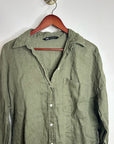 Zara 100% Linen Drop Shoulder Button Down Long Sleeve Army Green Button Down Top