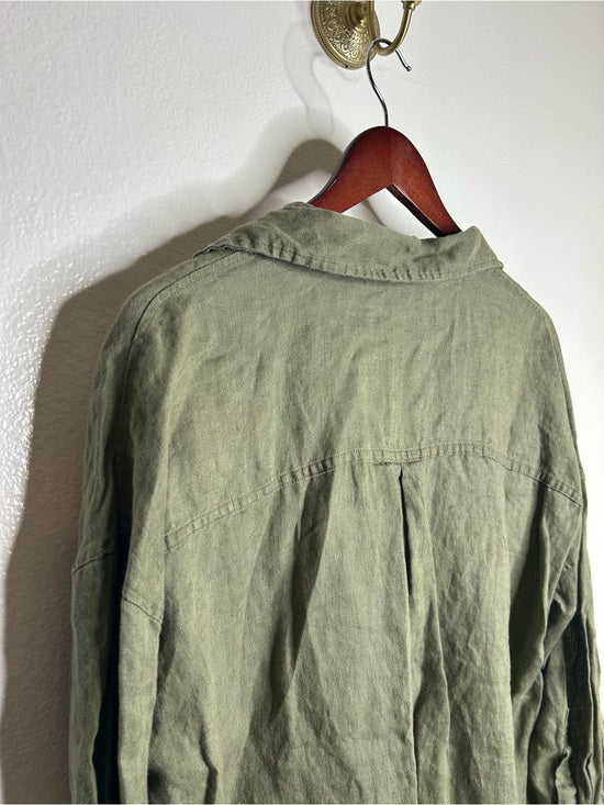 Zara 100% Linen Drop Shoulder Button Down Long Sleeve Army Green Button Down Top