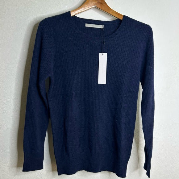 One Grey Day One Grey Day 100% Cashmere Navy Blue Ribbed Lightweight Pullover Sweater - Cashmere