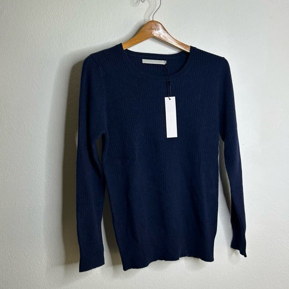One Grey Day One Grey Day 100% Cashmere Navy Blue Ribbed Lightweight Pullover Sweater - Cashmere
