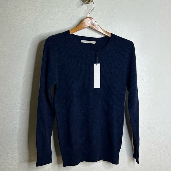 One Grey Day One Grey Day 100% Cashmere Navy Blue Ribbed Lightweight Pullover Sweater - Cashmere