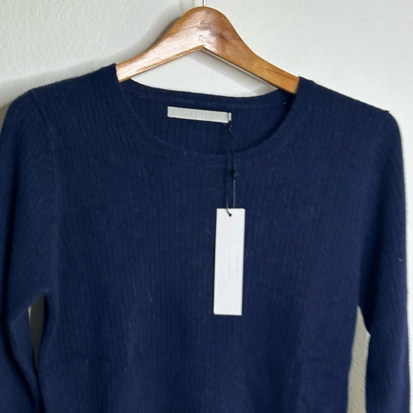 One Grey Day One Grey Day 100% Cashmere Navy Blue Ribbed Lightweight Pullover Sweater - Cashmere