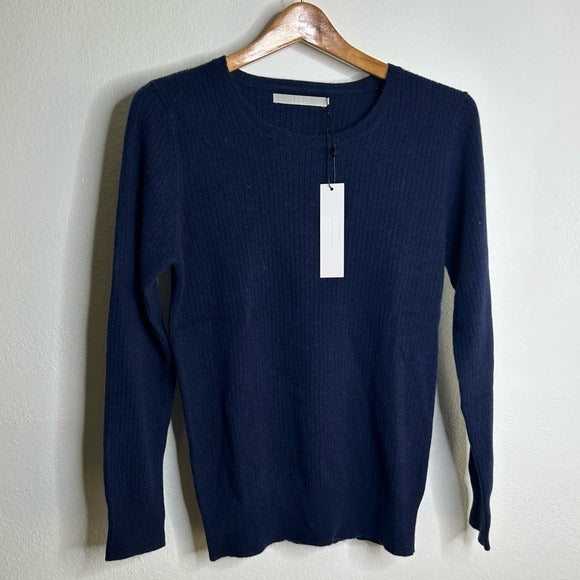 One Grey Day One Grey Day 100% Cashmere Navy Blue Ribbed Lightweight Pullover Sweater - Cashmere