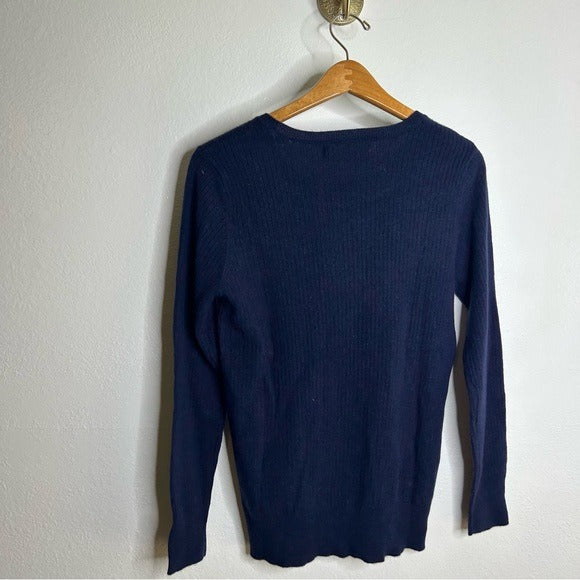 One Grey Day One Grey Day 100% Cashmere Navy Blue Ribbed Lightweight Pullover Sweater - Cashmere