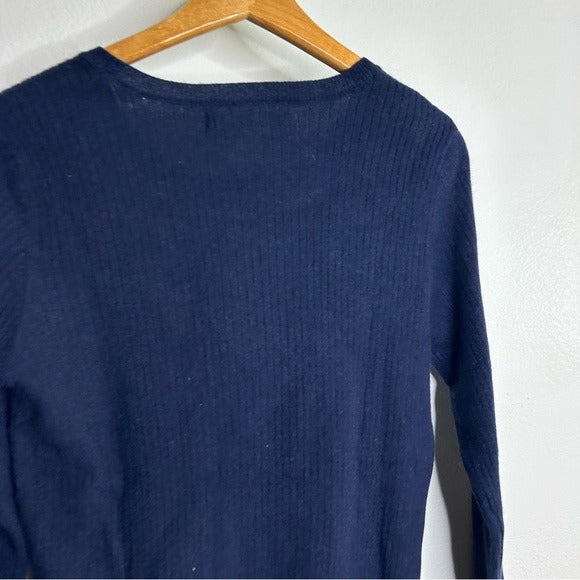 One Grey Day 100% Cashmere Navy Blue Ribbed Lightweight Pullover Sweater