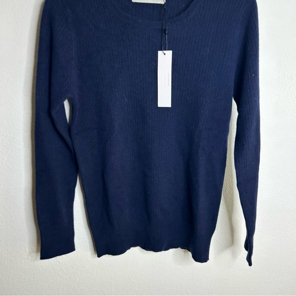 One Grey Day 100% Cashmere Navy Blue Ribbed Lightweight Pullover Sweater