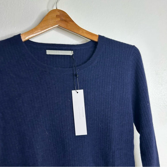 One Grey Day 100% Cashmere Navy Blue Ribbed Lightweight Pullover Sweater