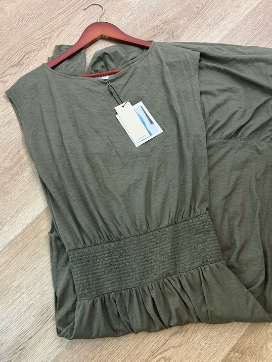 Nation LA 100% Pima Cotton Knit Evonne Drop Waist Ruched Midi Dress in Green