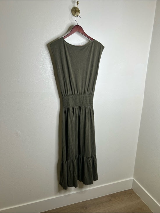 Nation LA 100% Pima Cotton Knit Evonne Drop Waist Ruched Midi Dress in Green