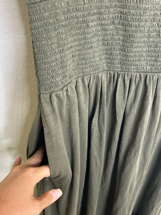 Nation LA 100% Pima Cotton Knit Evonne Drop Waist Ruched Midi Dress in Green