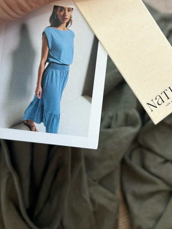 Nation LA 100% Pima Cotton Knit Evonne Drop Waist Ruched Midi Dress in Green