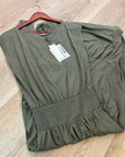 Nation LA 100% Pima Cotton Knit Evonne Drop Waist Ruched Midi Dress in Green