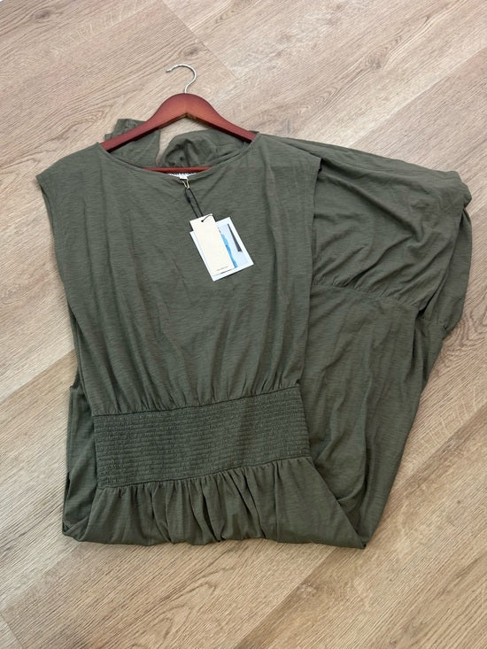 Nation LA 100% Pima Cotton Knit Evonne Drop Waist Ruched Midi Dress in Green