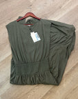 Nation LA 100% Pima Cotton Knit Evonne Drop Waist Ruched Midi Dress in Green