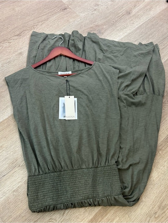 Nation LA 100% Pima Cotton Knit Evonne Drop Waist Ruched Midi Dress in Green