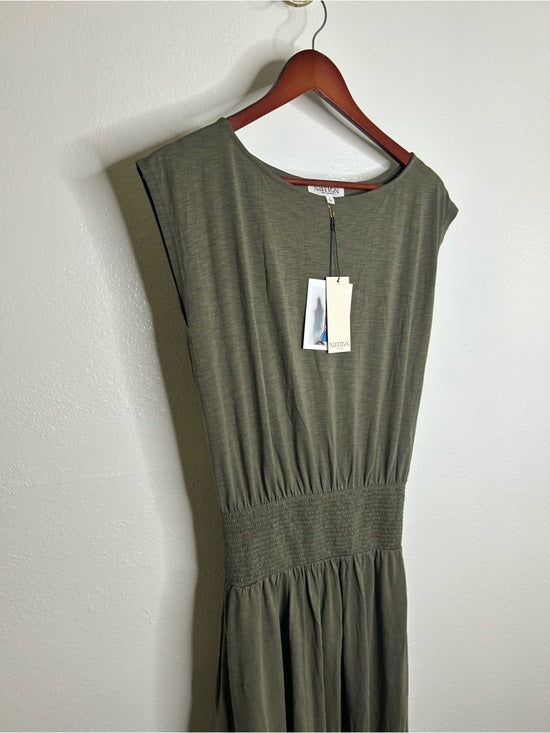 Nation LA 100% Pima Cotton Knit Evonne Drop Waist Ruched Midi Dress in Green