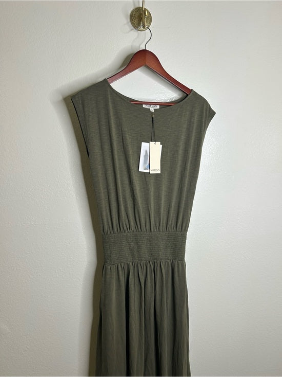 Nation LA 100% Pima Cotton Knit Evonne Drop Waist Ruched Midi Dress in Green