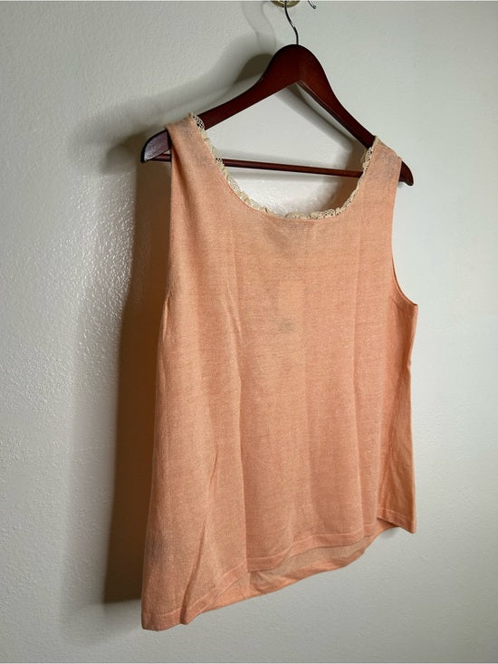 NWT Lafayette 148 100% Linen Salmon Pink Knit Textured Lace Tank Top