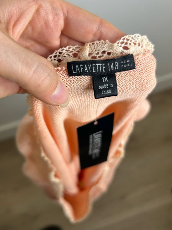 NWT Lafayette 148 100% Linen Salmon Pink Knit Textured Lace Tank Top