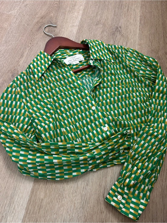 Trovata Trovata 100% Cotton Green Print Button Down Long Sleeve Collared Top