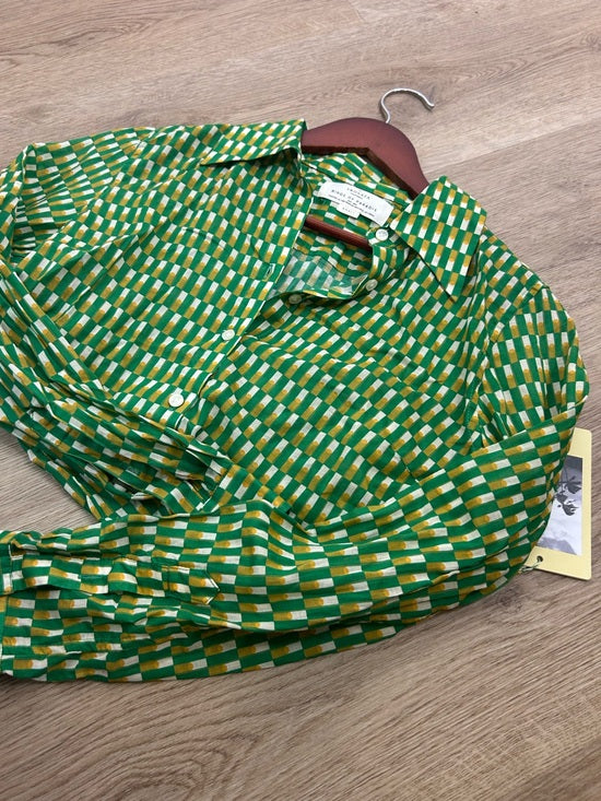 Trovata Trovata 100% Cotton Green Print Button Down Long Sleeve Collared Top