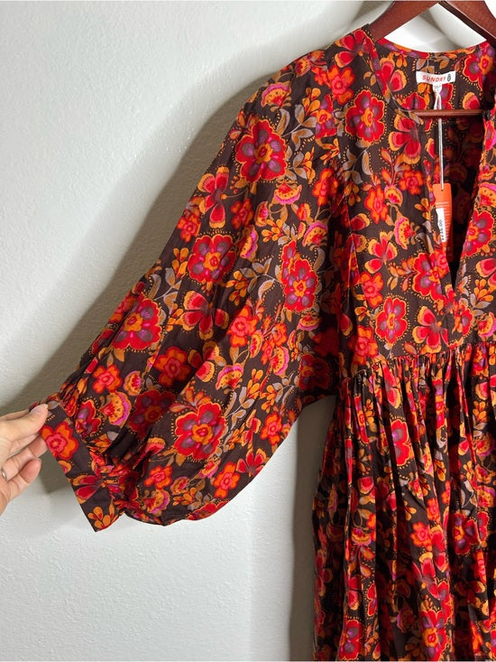 Sundry 100% Cotton Brown Red Floral Bohemian Flowy Babydoll Dress