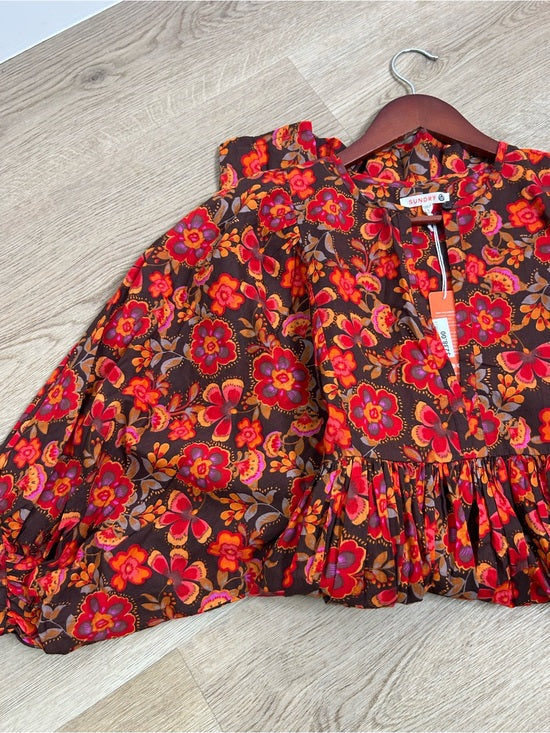 Sundry 100% Cotton Brown Red Floral Bohemian Flowy Babydoll Dress