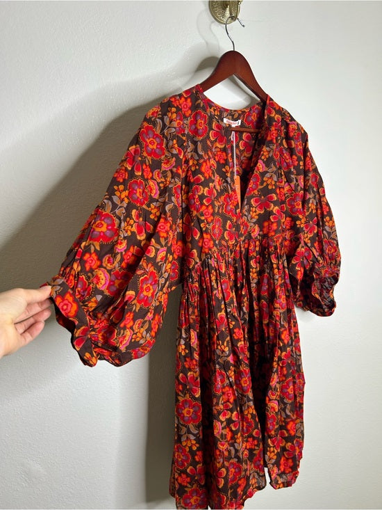 sundry Sundry 100% Cotton Brown Red Floral Bohemian Flowy Babydoll Dress - Cotton