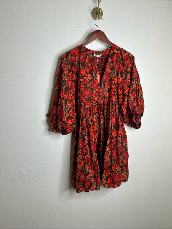 Sundry 100% Cotton Brown Red Floral Bohemian Flowy Babydoll Dress