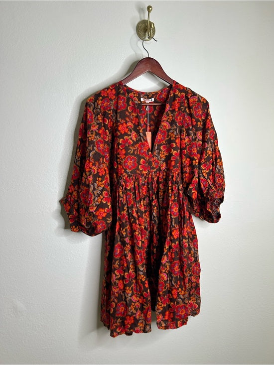 Sundry 100% Cotton Brown Red Floral Bohemian Flowy Babydoll Dress