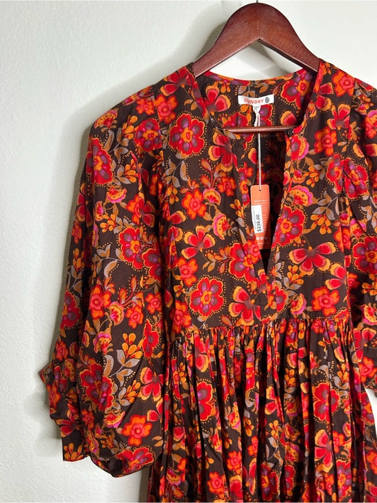 Sundry 100% Cotton Brown Red Floral Bohemian Flowy Babydoll Dress