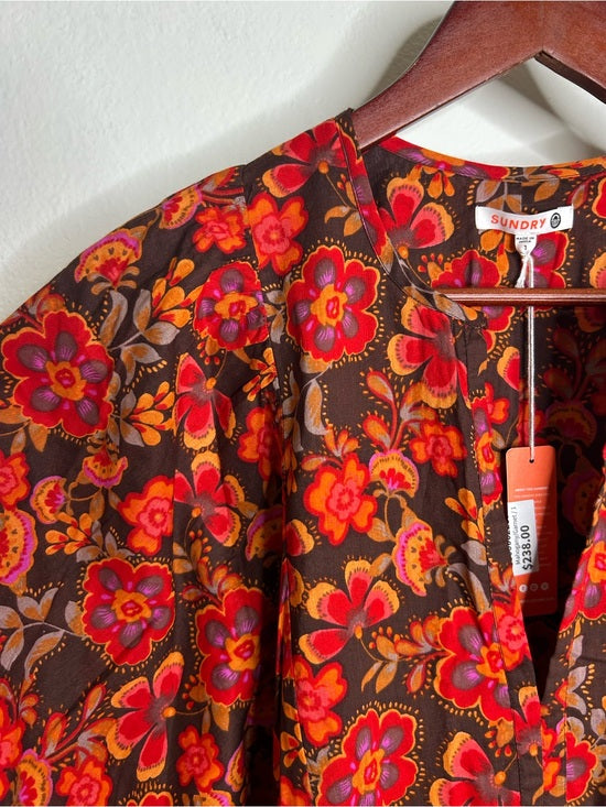Sundry 100% Cotton Brown Red Floral Bohemian Flowy Babydoll Dress