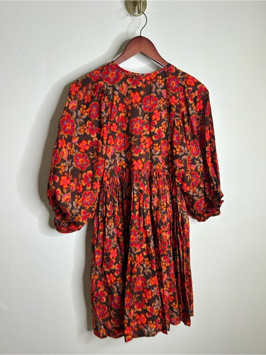 Sundry 100% Cotton Brown Red Floral Bohemian Flowy Babydoll Dress
