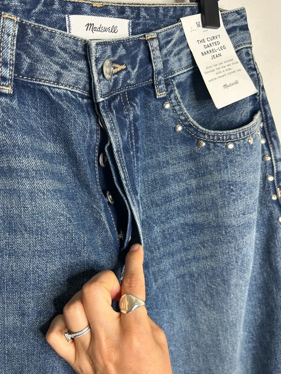 Madewell 100% Cotton Denim The Curvy Darted Barrel Jean Silver Studded Detail