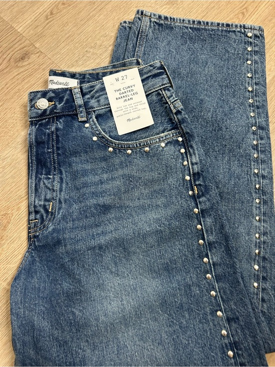 Madewell 100% Cotton Denim The Curvy Darted Barrel Jean Silver Studded Detail