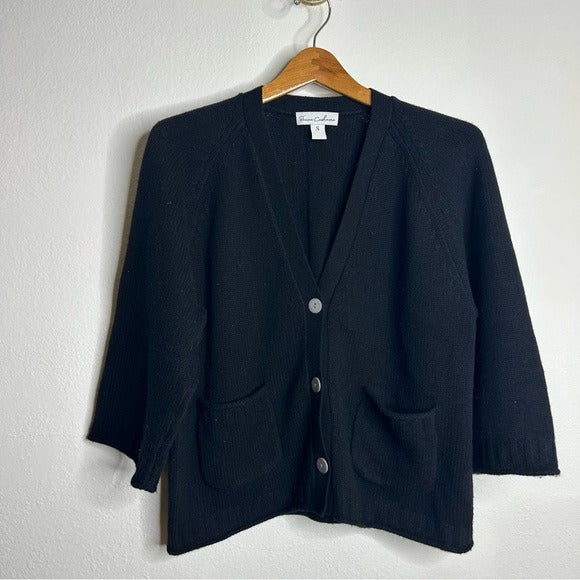 Revive Cashmere Revive Cashmere Merino Wool Cashmere Black Boxy Cropped Knit Button Cardigan - Merino Wool, Cashmere