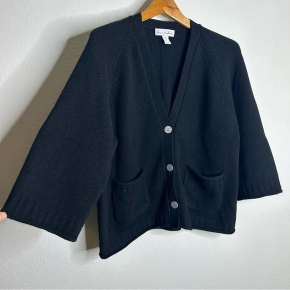 Revive Cashmere Revive Cashmere Merino Wool Cashmere Black Boxy Cropped Knit Button Cardigan - Merino Wool, Cashmere